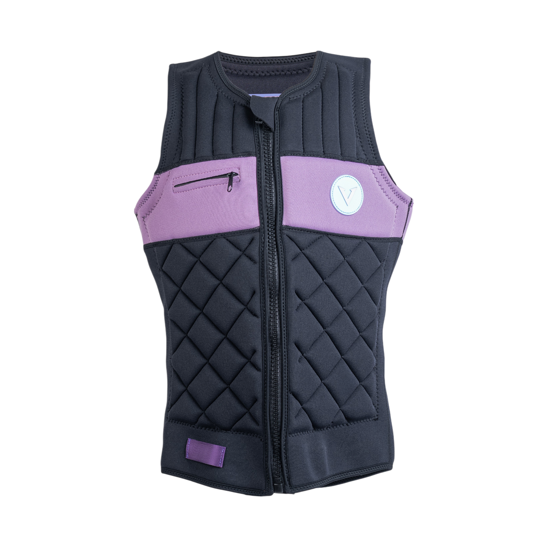 Black quilted vest with purple accents on a white background