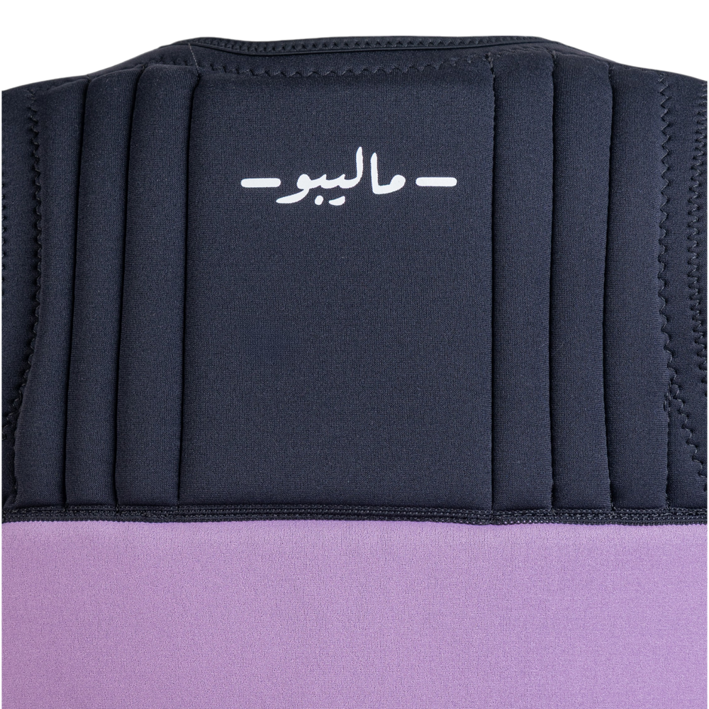 Black and purple protective gear with a brand logo on a white background