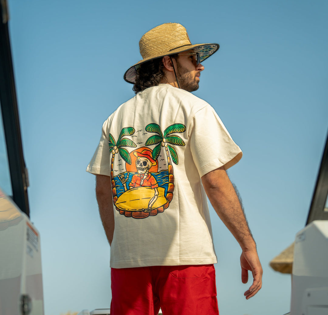 Cream Color Oversized T-Shirt – Surfer Skeleton Palm Tree varkomz shop