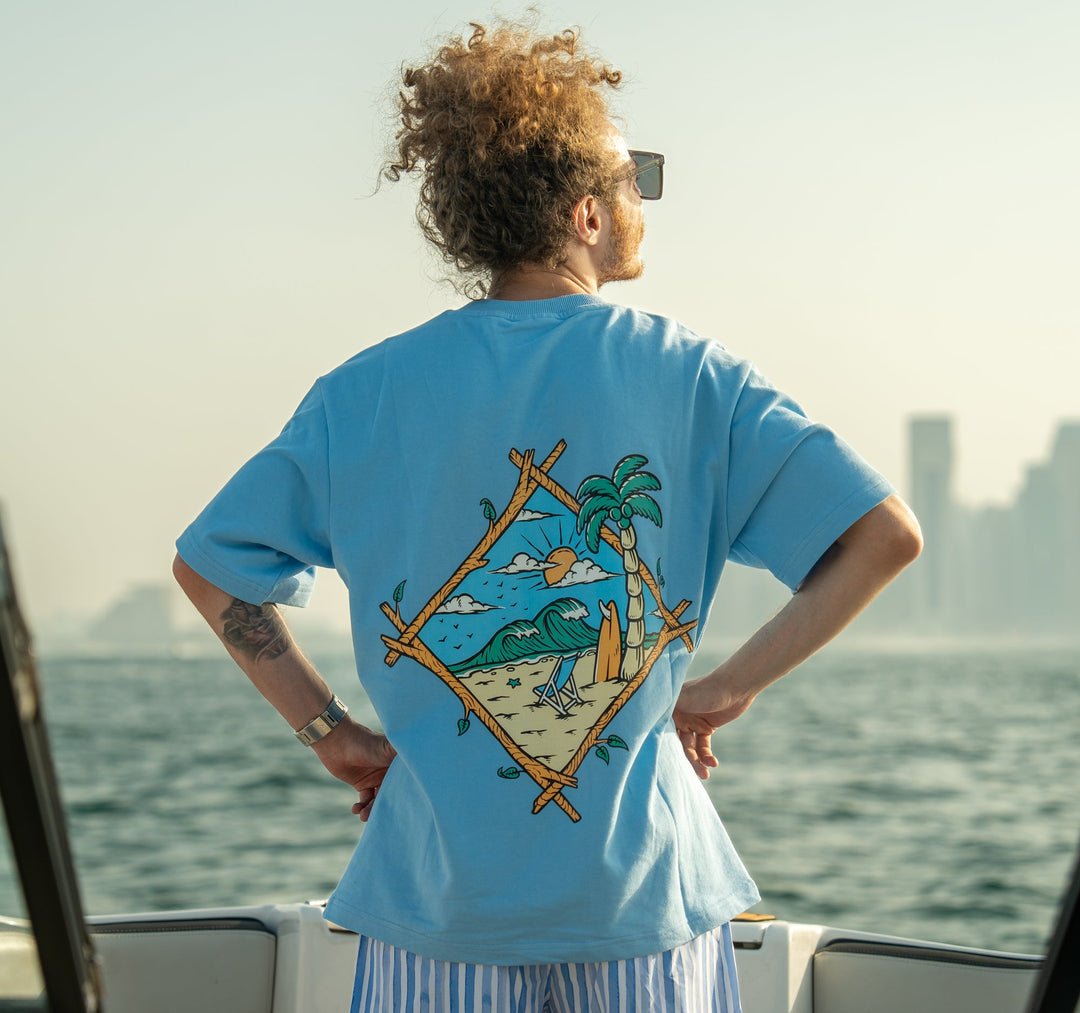 Light Blue Color Oversized T-Shirt Framed Beach Scene Print varkomz shop