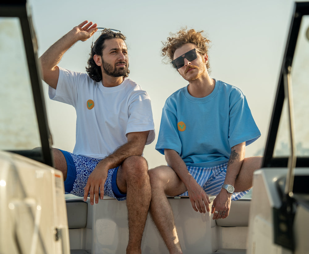 Light Blue Color Oversized T-Shirt Framed Beach Scene Print varkomz shop