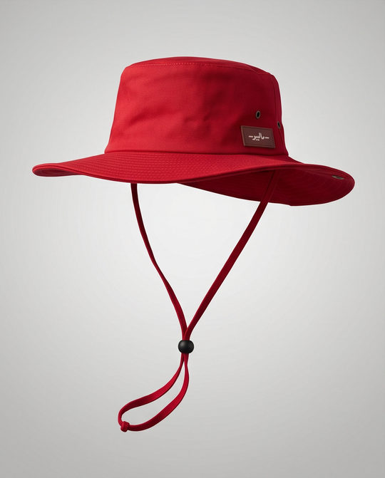 Red bucket hat with a strap on a light gray background Malibu Maroon Bucket Hat With Rope -ماليبو-