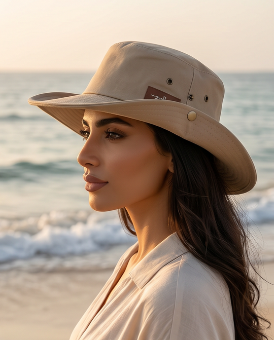 Woman wearing a beige hat on a beach with ocean waves in the Malibu Beige Bucket Hat With Rope -ماليبو -background