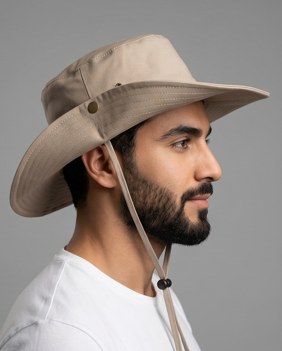 Malibu Beige Bucket Hat With Rope -ماليبو - Man wearing a beige wide-brimmed hat with chin strap on a gray background