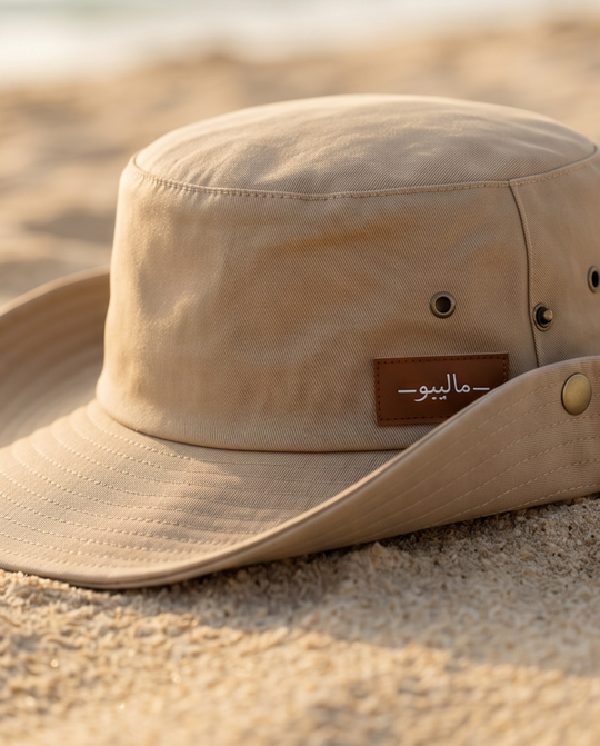 Beige bucket hat with a brand logo on a sandy surface Malibu Beige Bucket Hat With Rope -ماليبو -