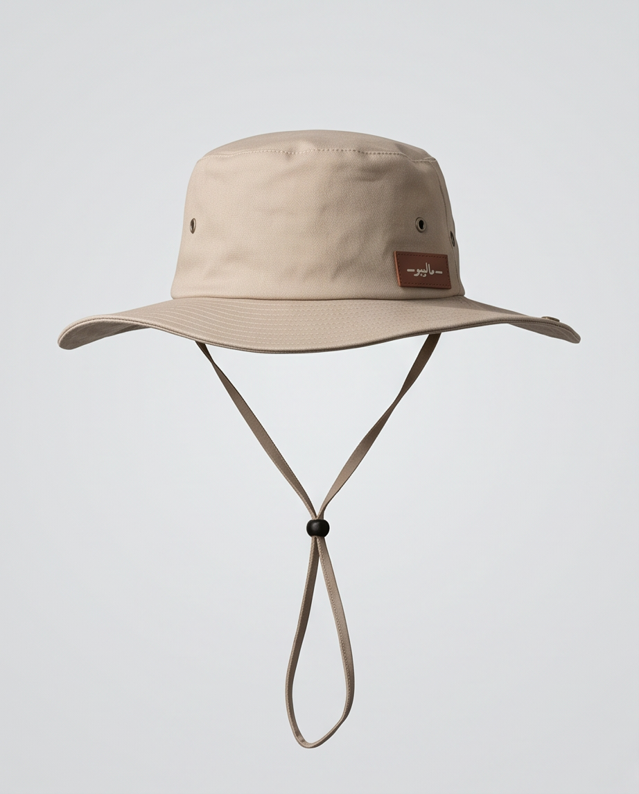 Beige bucket hat with a strap on a light gray background Malibu Beige Bucket Hat With Rope -ماليبو -