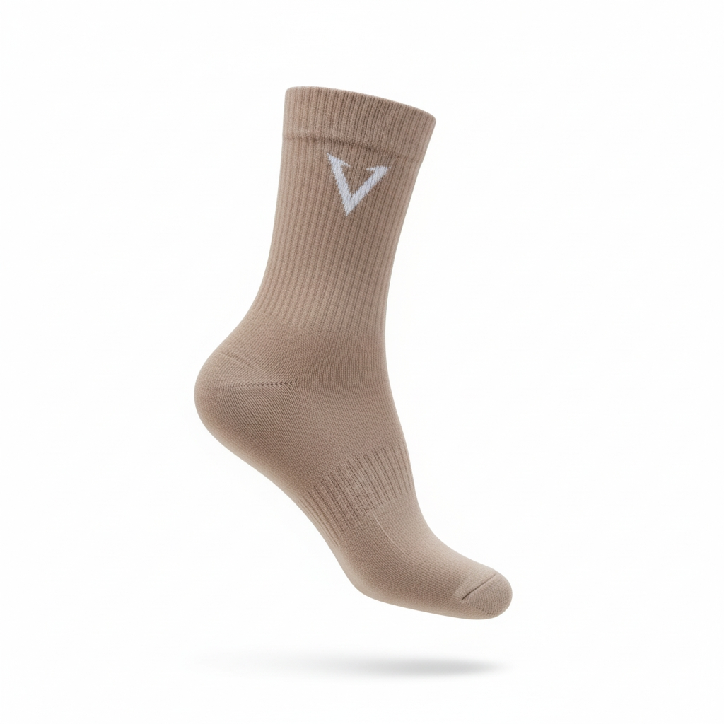 Beige sock with a logo on a white background