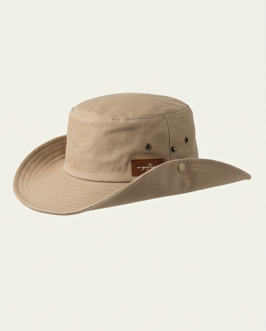 Beige wide-brimmed hat with a brand logo on a light beige background Malibu Beige Bucket Hat With Rope -ماليبو -