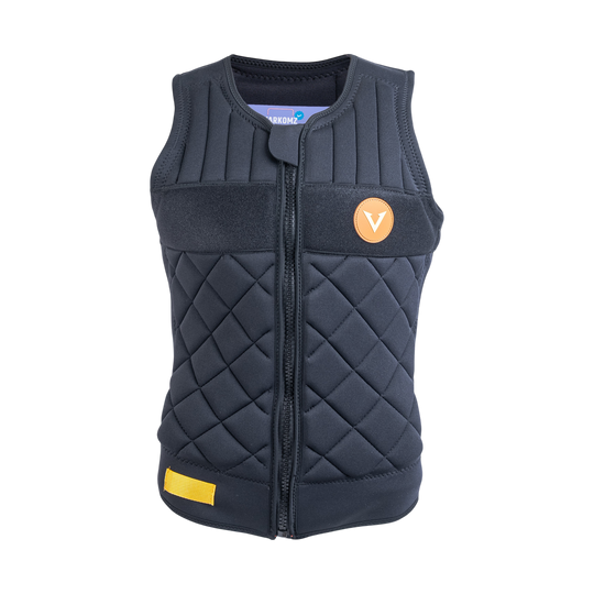 Black quilted vest with a logo on a white background