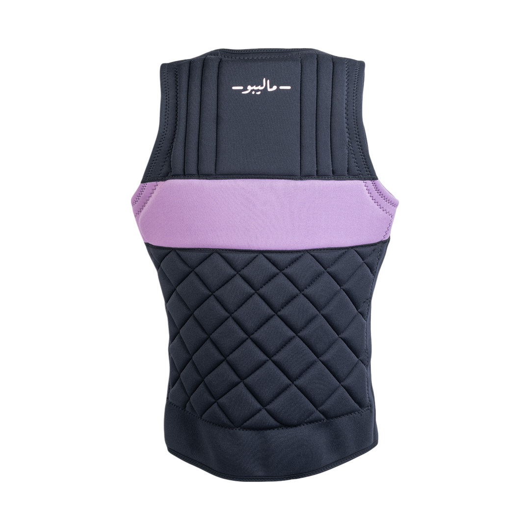 Black quilted vest with purple accents on a white background