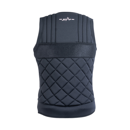 Black quilted vest on a white background