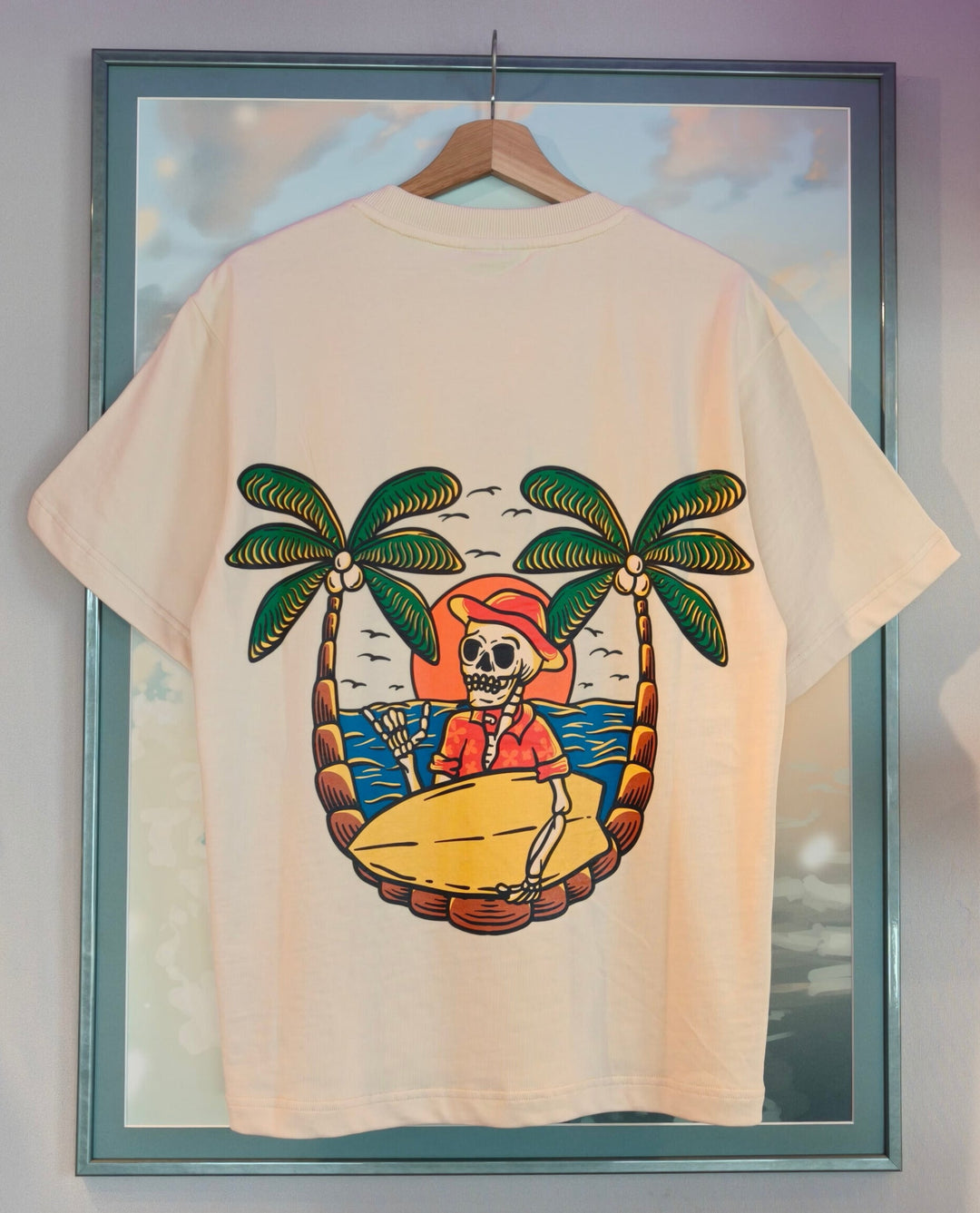 Cream Color Oversized T-Shirt – Surfer Skeleton Palm Tree varkomz shop