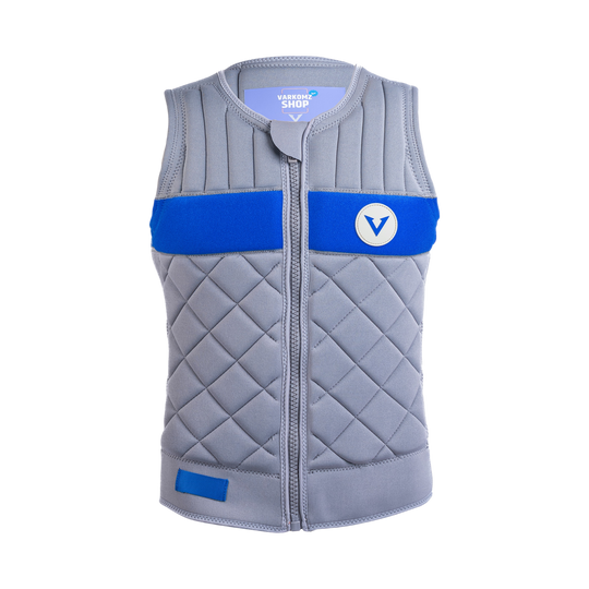Gray quilted vest with blue accents and a logo on a white background