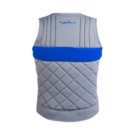 Gray quilted vest with blue band on a white background