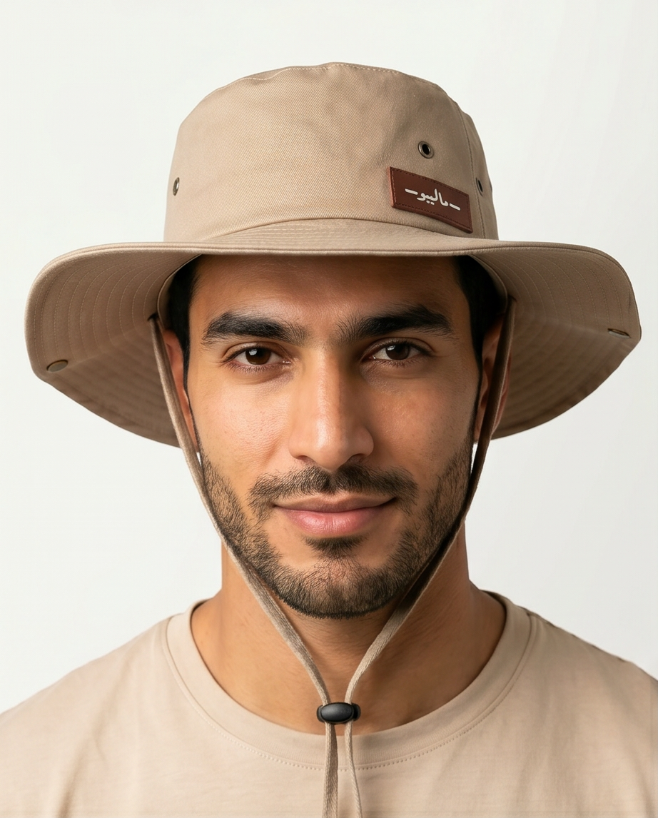 Malibu Beige Bucket Hat With Rope -ماليبو - Man wearing a beige wide-brimmed hat with a brand logo on a white background