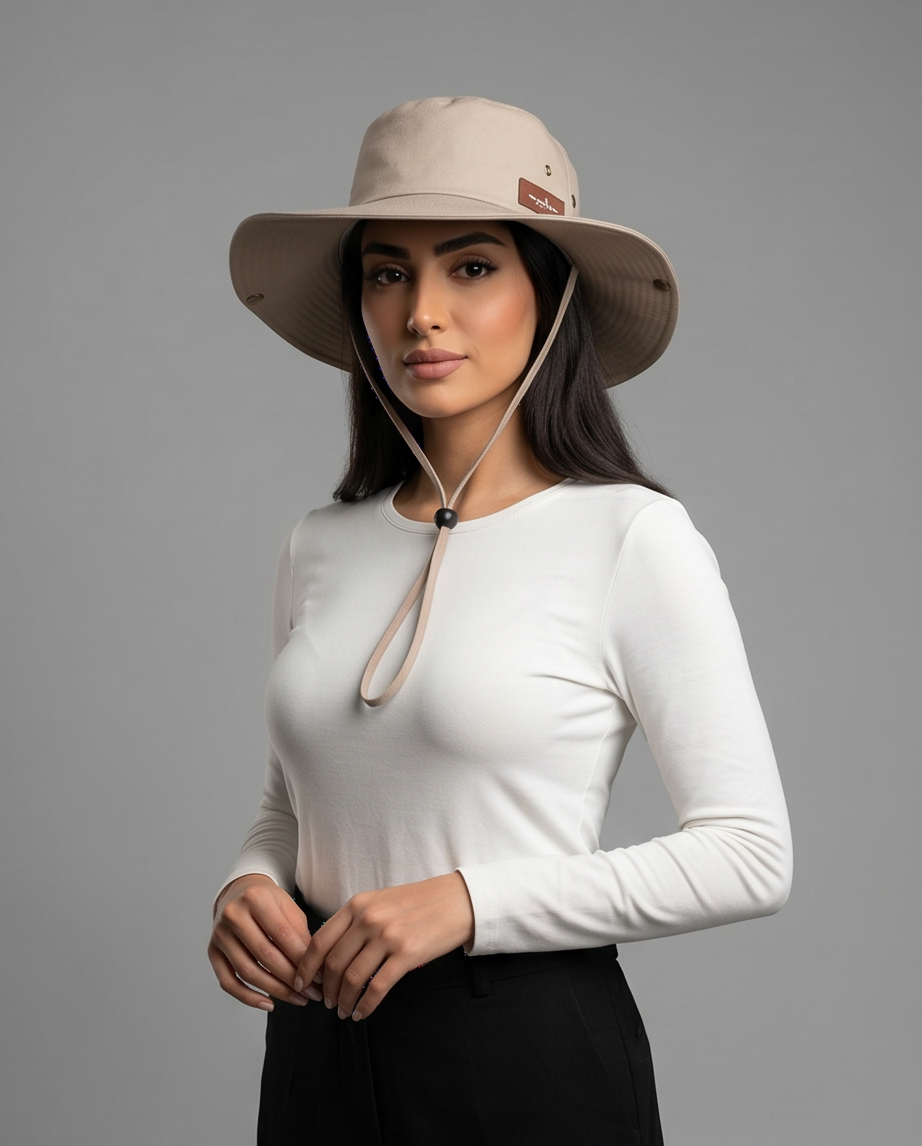 Malibu Beige Bucket Hat With Rope -ماليبو - Woman wearing a beige wide-brimmed hat with a strap on a gray background