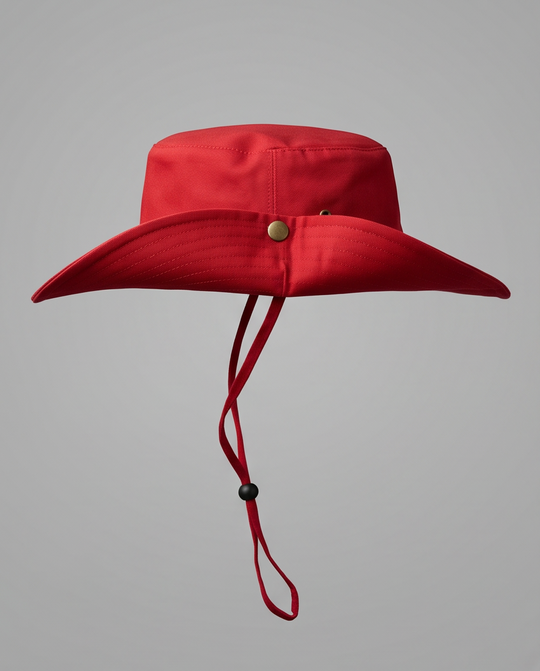 Red wide-brimmed hat with a strap on a gray background Malibu Maroon Bucket Hat With Rope -ماليبو-