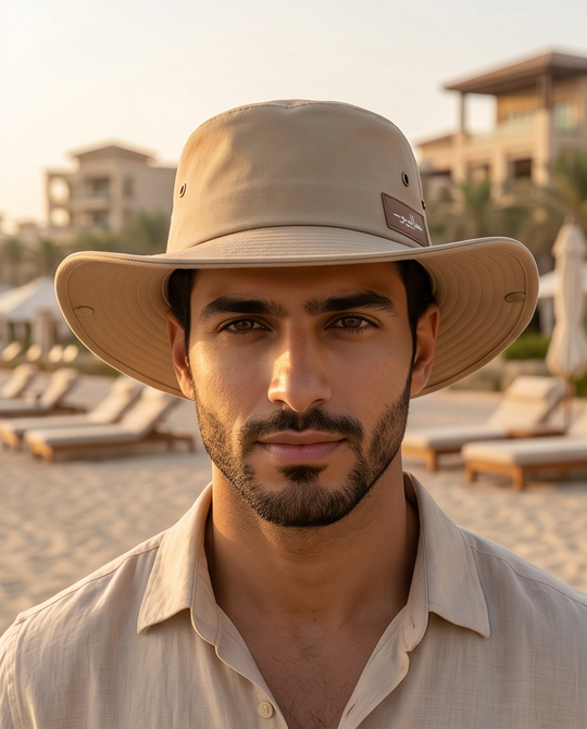 Man wearing a beige hat and shirt on a beach with buildings in the Malibu Beige Bucket Hat With Rope -ماليبو -background