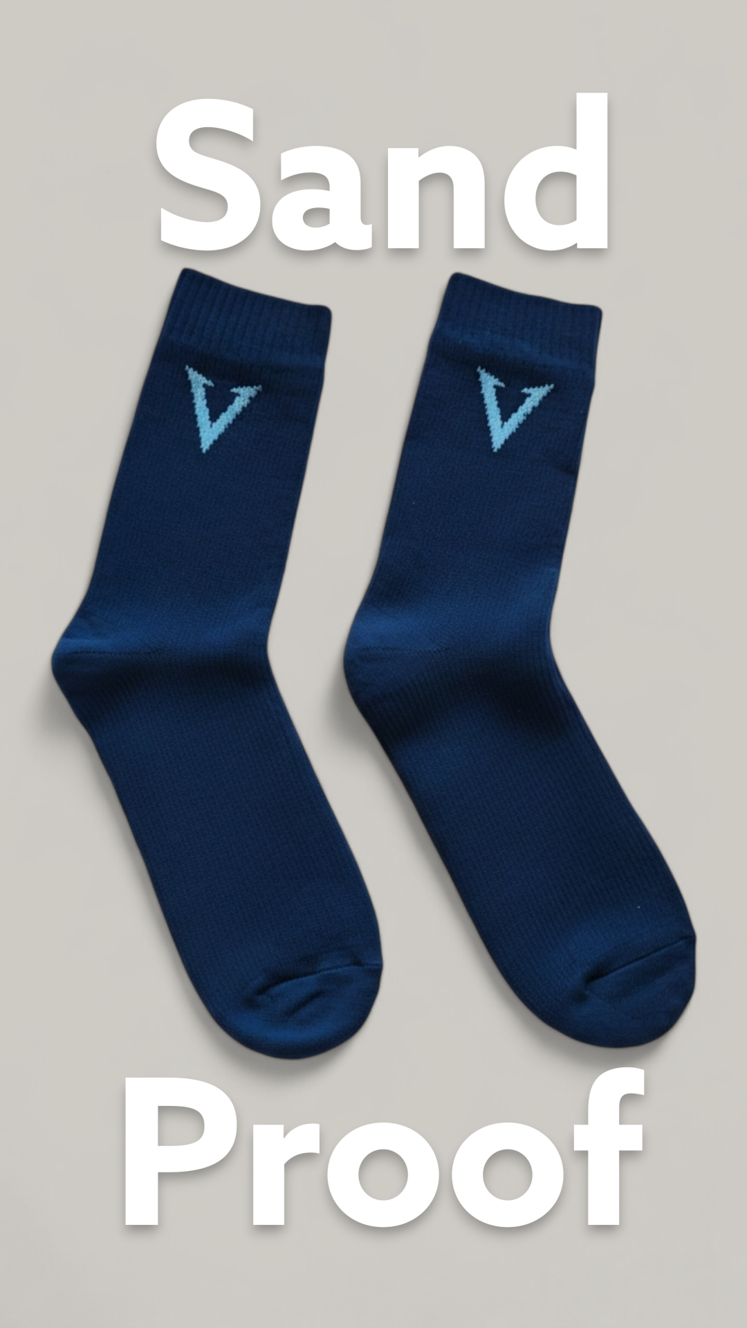 Two blue socks with a logo on a gray background