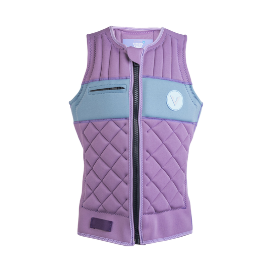 Purple quilted vest with a blue patch on a white background