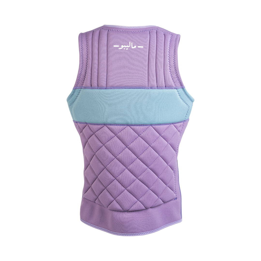 Purple quilted vest with a light blue inner lining on a white background