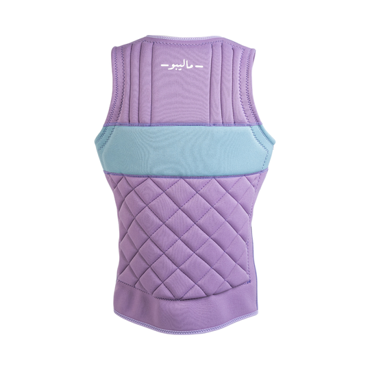 Purple quilted vest with a light blue inner lining on a white background