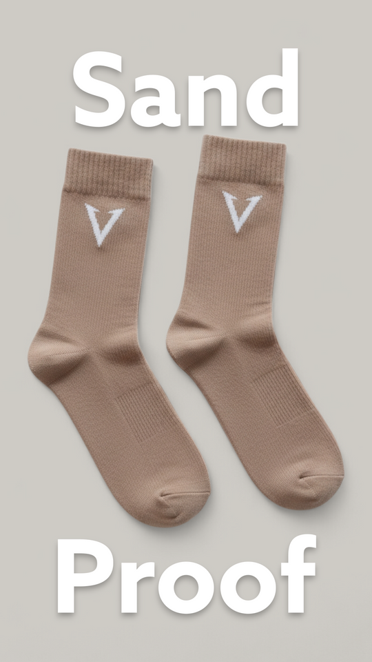 Pair of brown socks with a logo on a light gray background