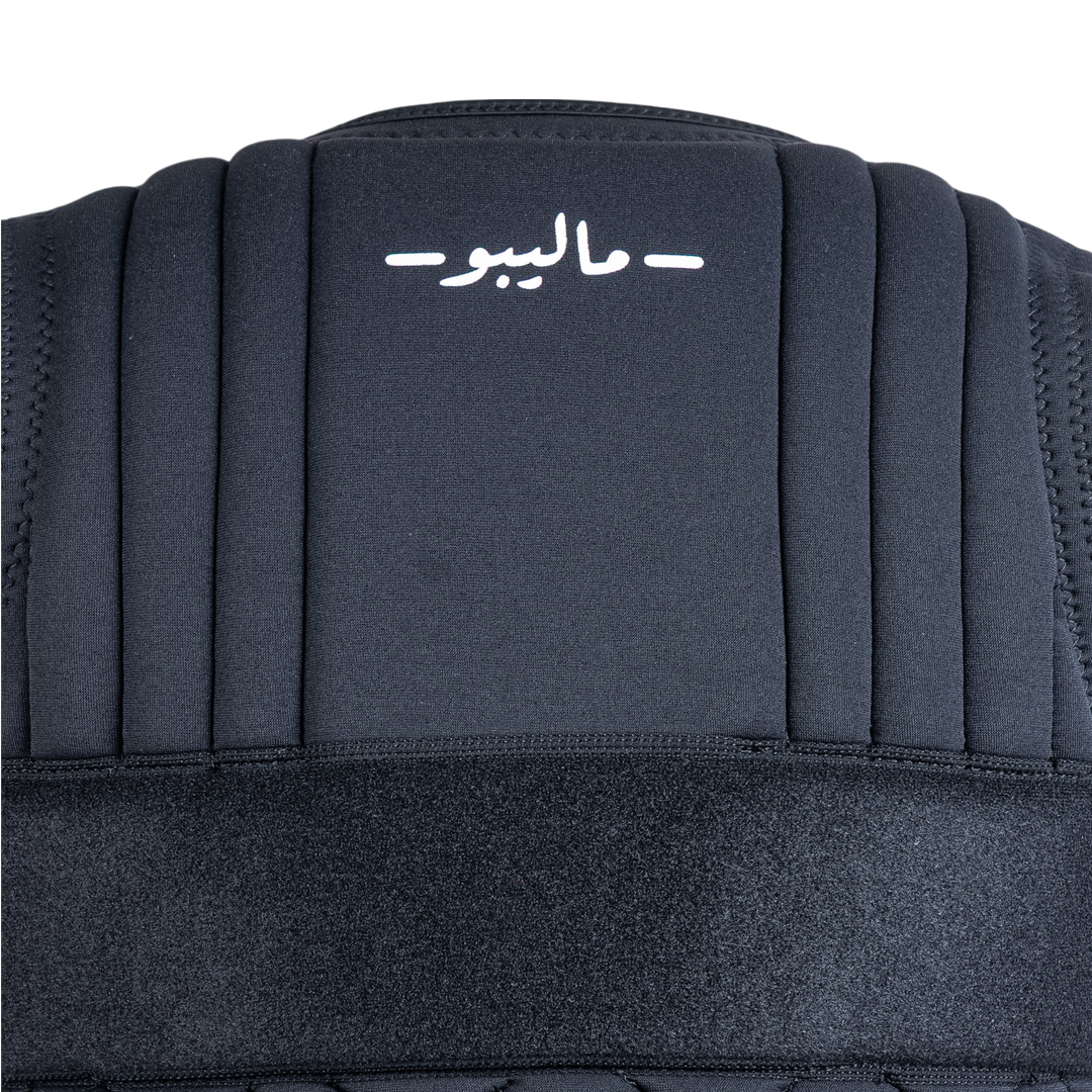 Black protective gear with a brand logo on a white background