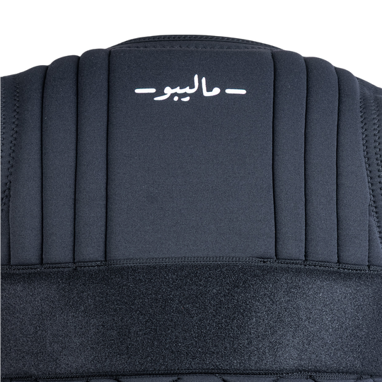 Black protective gear with a brand logo on a white background