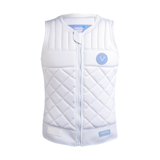 White quilted vest with a logo on a white background