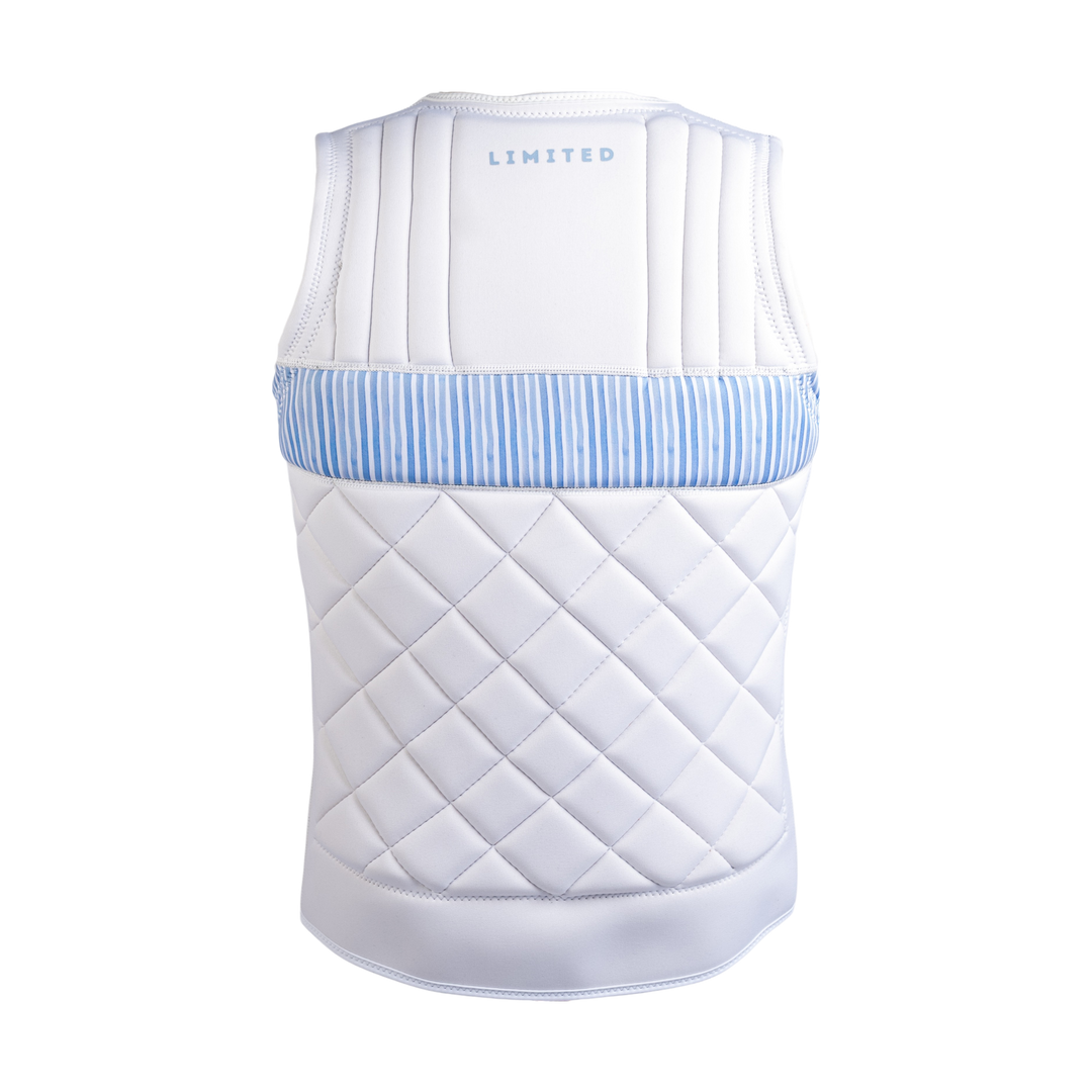White quilted vest with blue striped trim on a white background