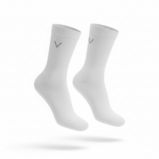 Two white socks with a logo on a white background
