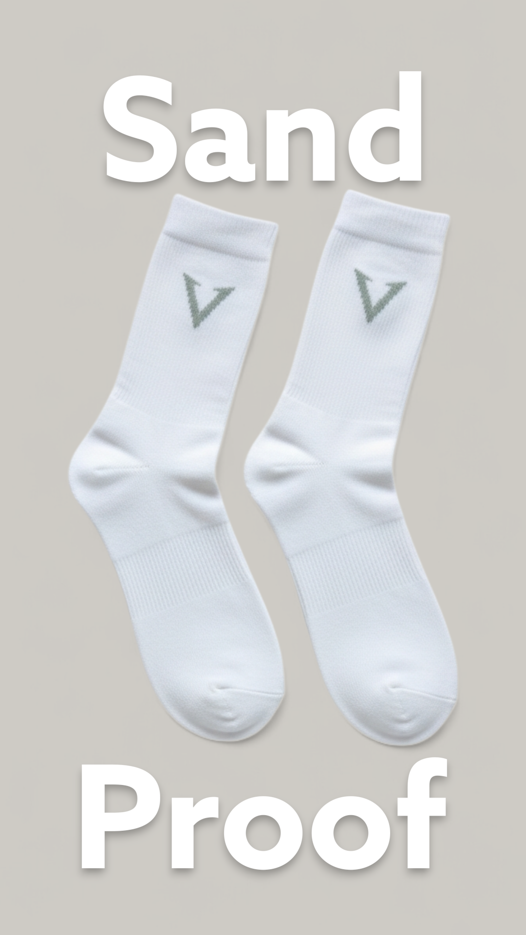 White socks with a logo on a beige background, labeled 'Sand Proof'.