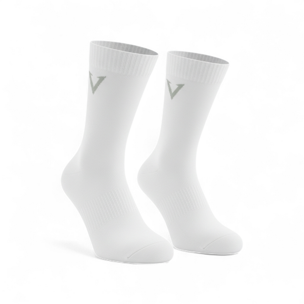 Two white socks with a logo on a white background