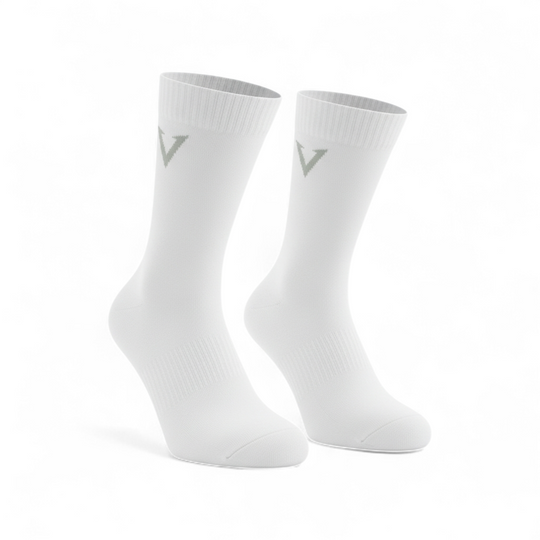 Two white socks with a logo on a white background