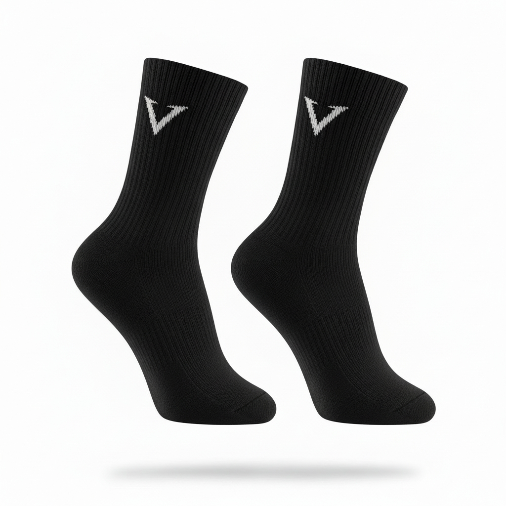 Pair of black socks with a logo on a white background