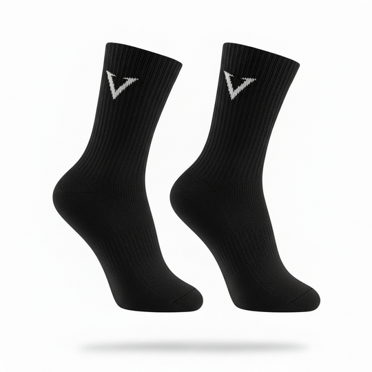 Pair of black socks with a logo on a white background