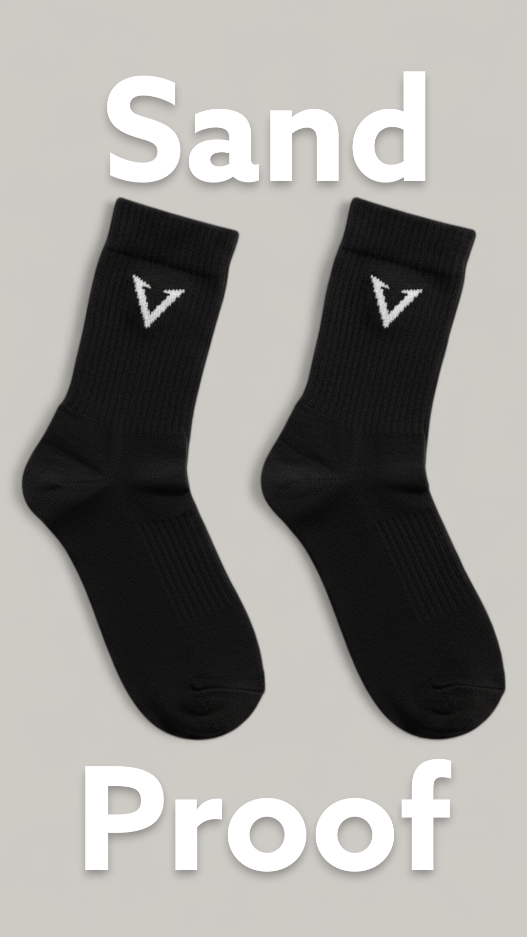 Two black socks with a logo on a gray background, labeled 'Sand Proof'.
