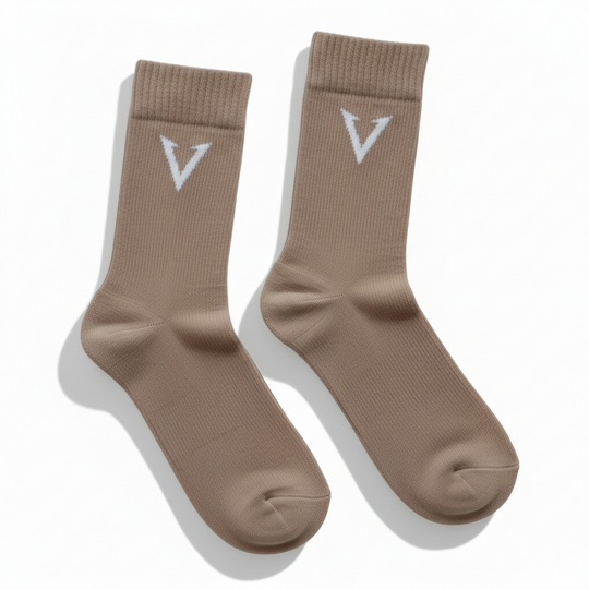 Pair of brown socks with a white 'V' logo on a white background