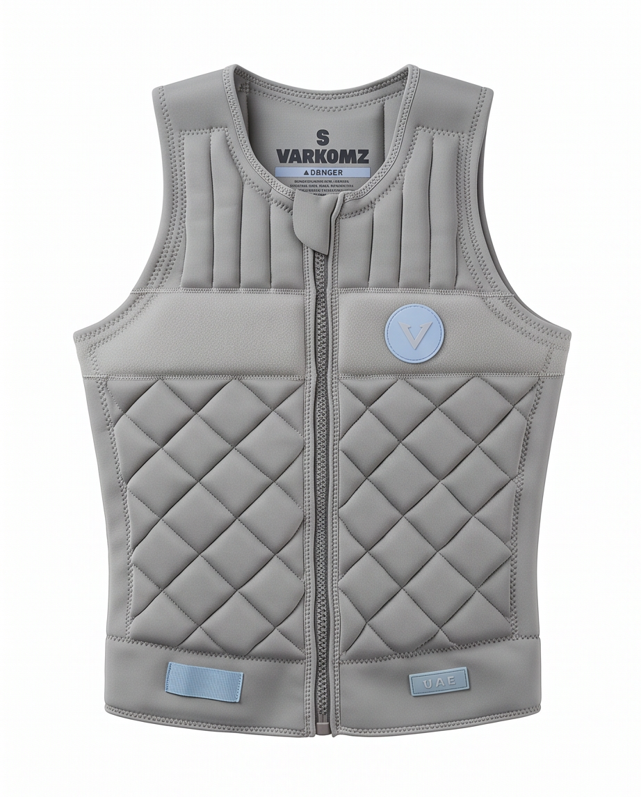 A light gray neoprene vest with diamond-quilted panels, a front zipper, and a circular logo patch on the left chest, shown against a plain white background Varkomz Qatar
