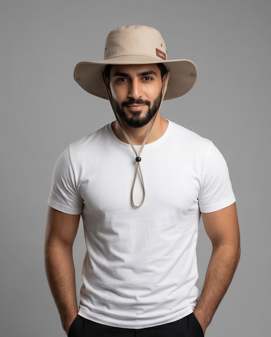 Malibu Beige Bucket Hat With Rope -ماليبو - Man wearing a beige hat and white t-shirt on a gray background