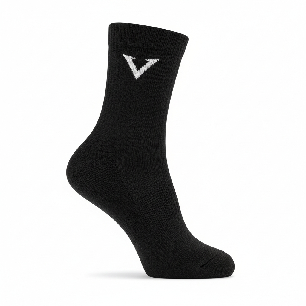 Black sock with a white logo on a white background