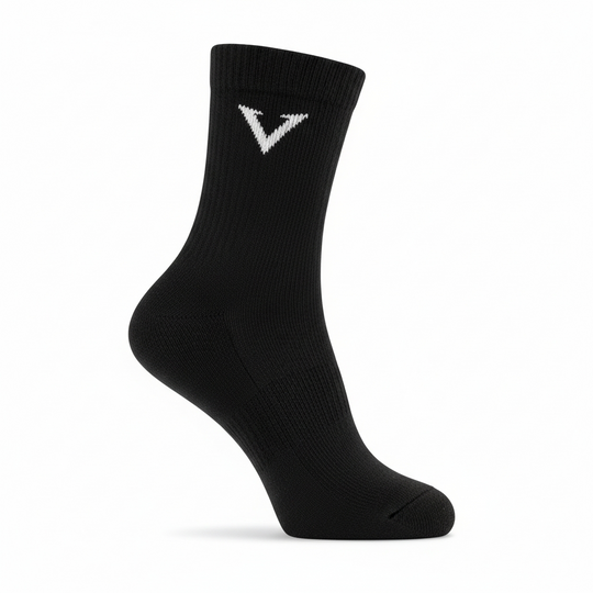 Black sock with a white logo on a white background