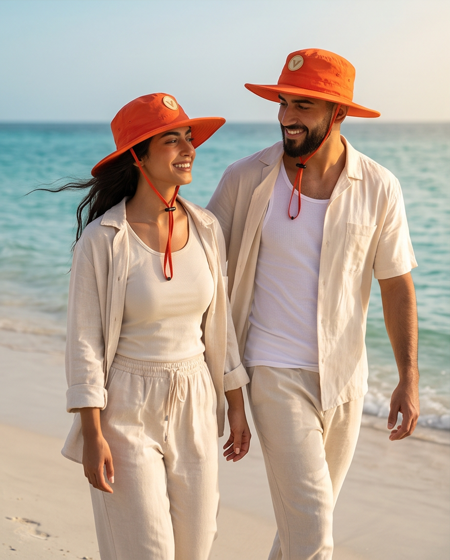 Varkomz Orange Bucket Hat With Rope Beige Logo
