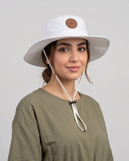 White -ماليبو- Bucket Hat With Rope Beige Logo