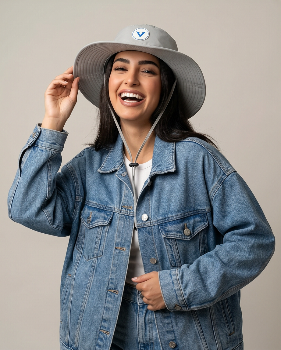 Varkomz Grey Bucket Hat With Rope Blue Logo