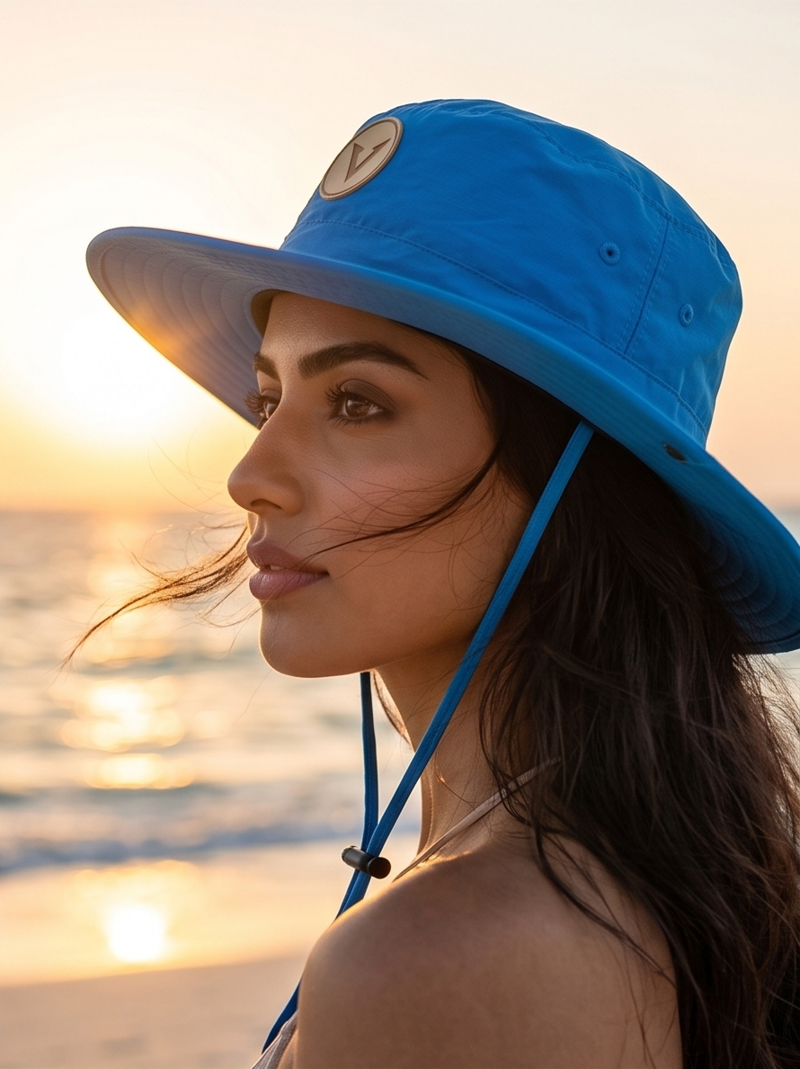 Varkomz Blue Bucket Hat With Rope Beige Logo