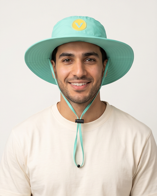 Varkomz Turquoise Bucket Hat With Rope Yellow Logo
