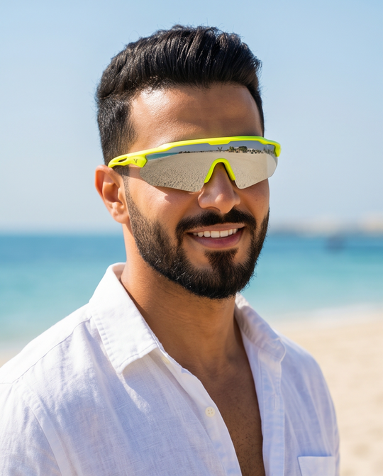 Varkomz Sunglass Neon Green Half Frame Silver Lens V9