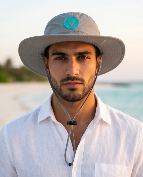 Varkomz Grey Bucket Hat With Rope Turquoise Logo